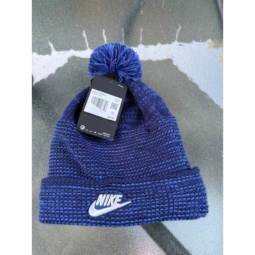 Nike Sportswear Blue Chunky Knit Pom Beanie Hat DA2022-482 Fleece Lined NWT